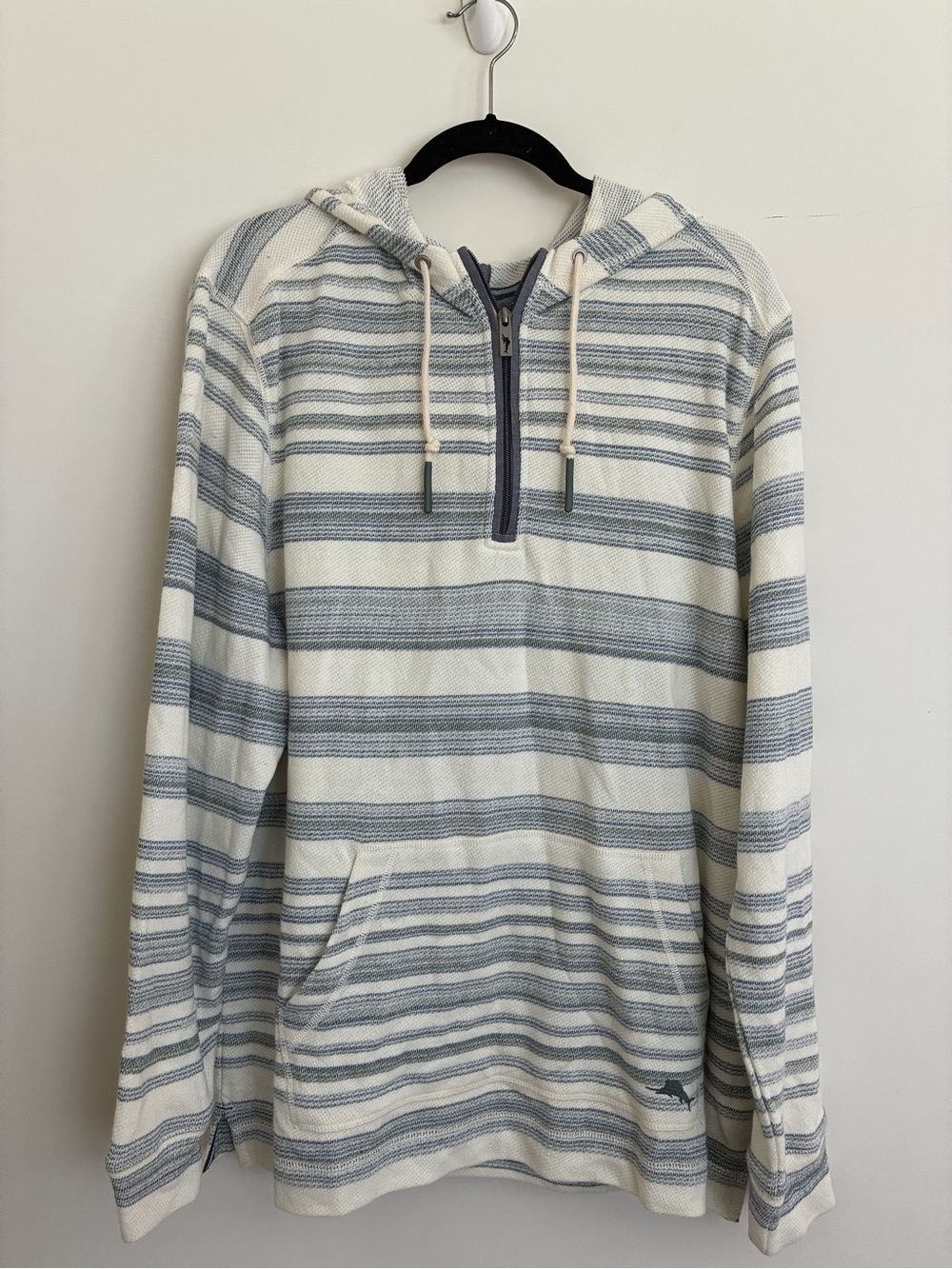 Tommy Bahama Cream and Light Blue Striped Hooded Half-Zip Pullover large